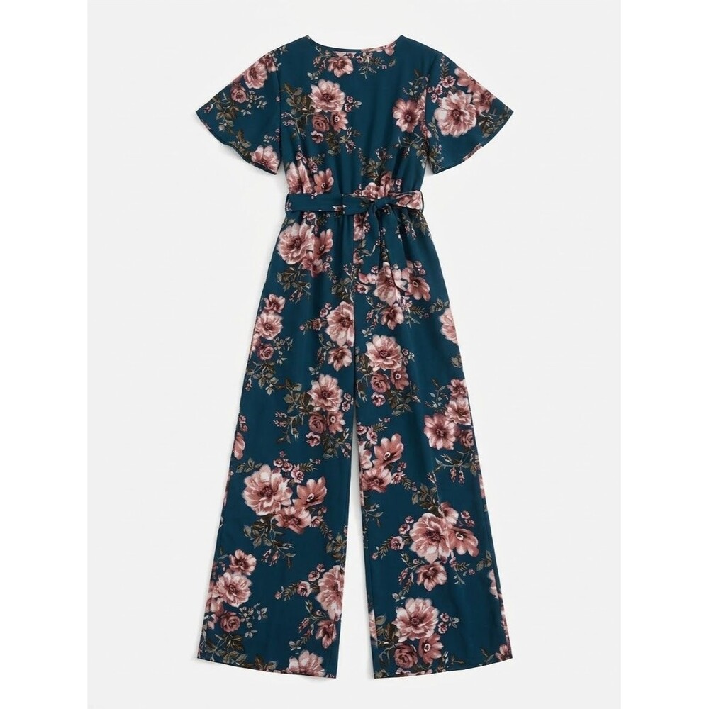 Xhilaration Womens XL Floral Wide Leg Jumpsuit Blue Pink Short Flutter Sleeve